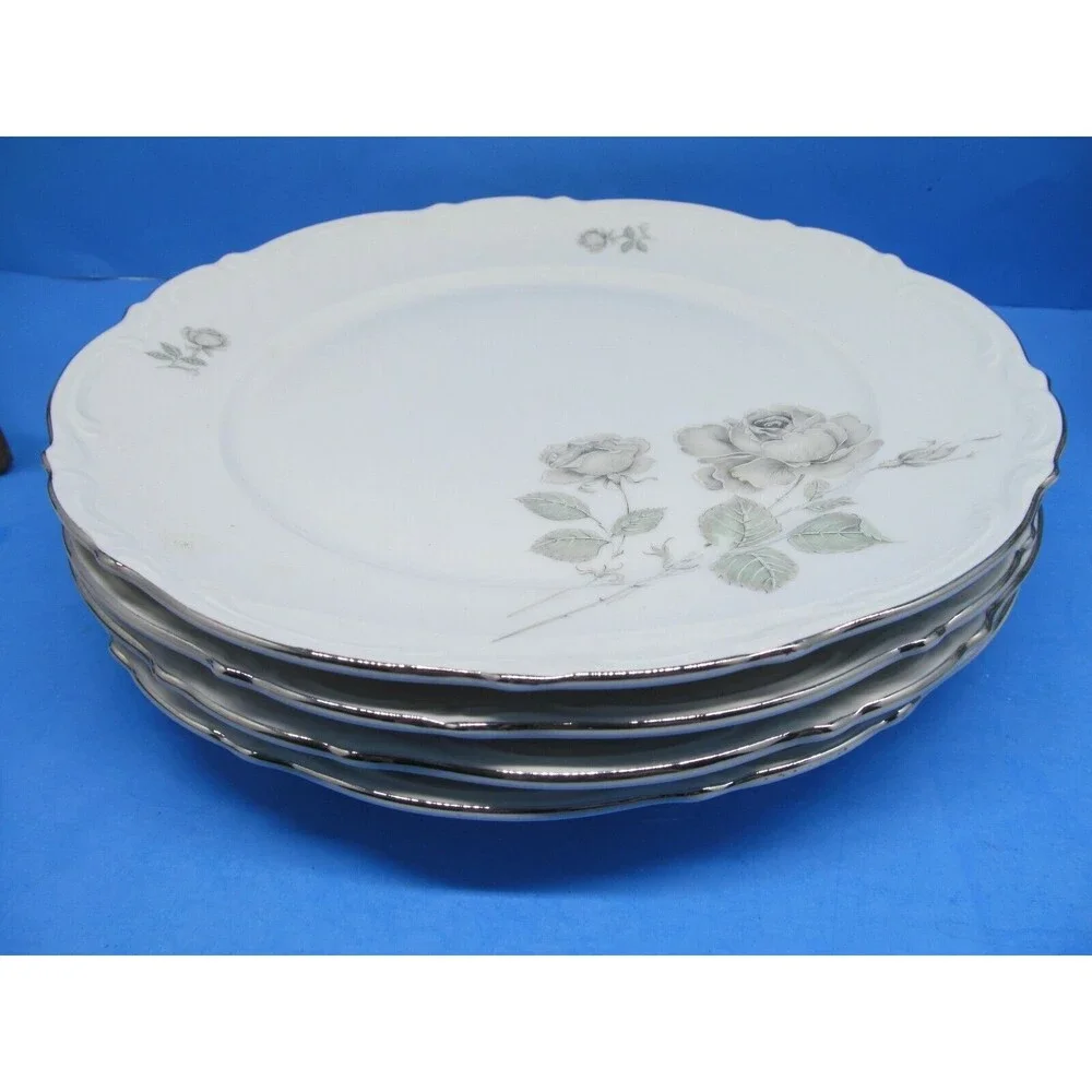 Mitterteich Bavaria Germany Mystic Rose Dinner Plate Platinum Trim Bundle of 4